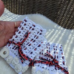 CHANEL White Crochet Gloves with Red and Blue Details